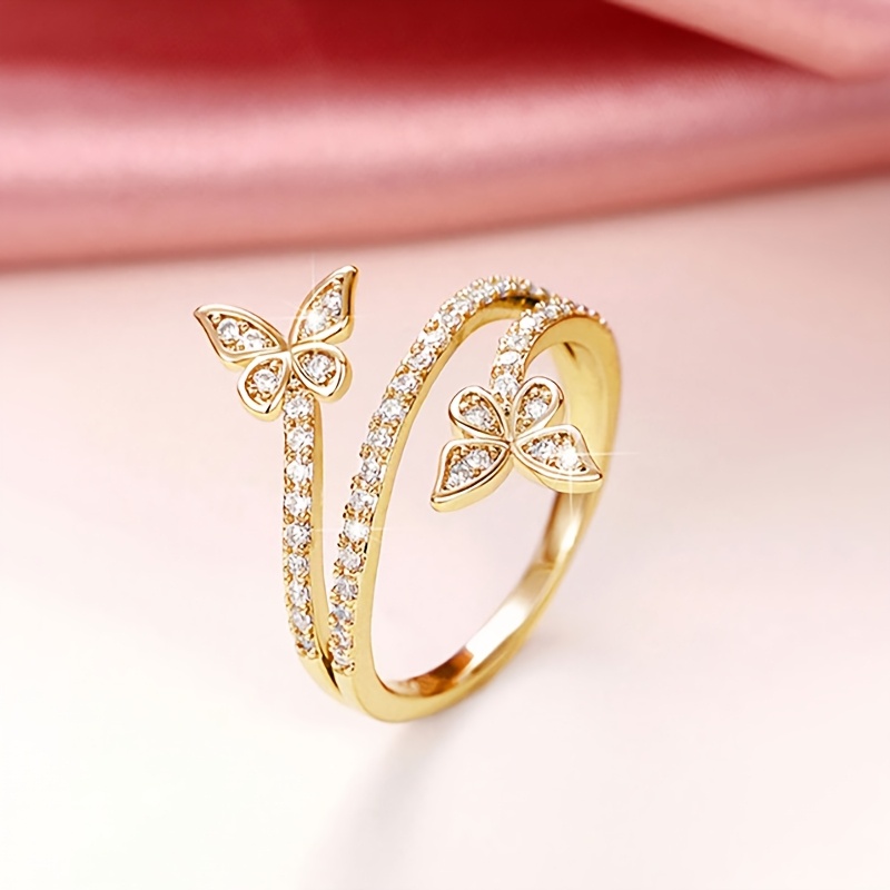 Women's Double Butterfly Cross Copper Ring with Zirconia